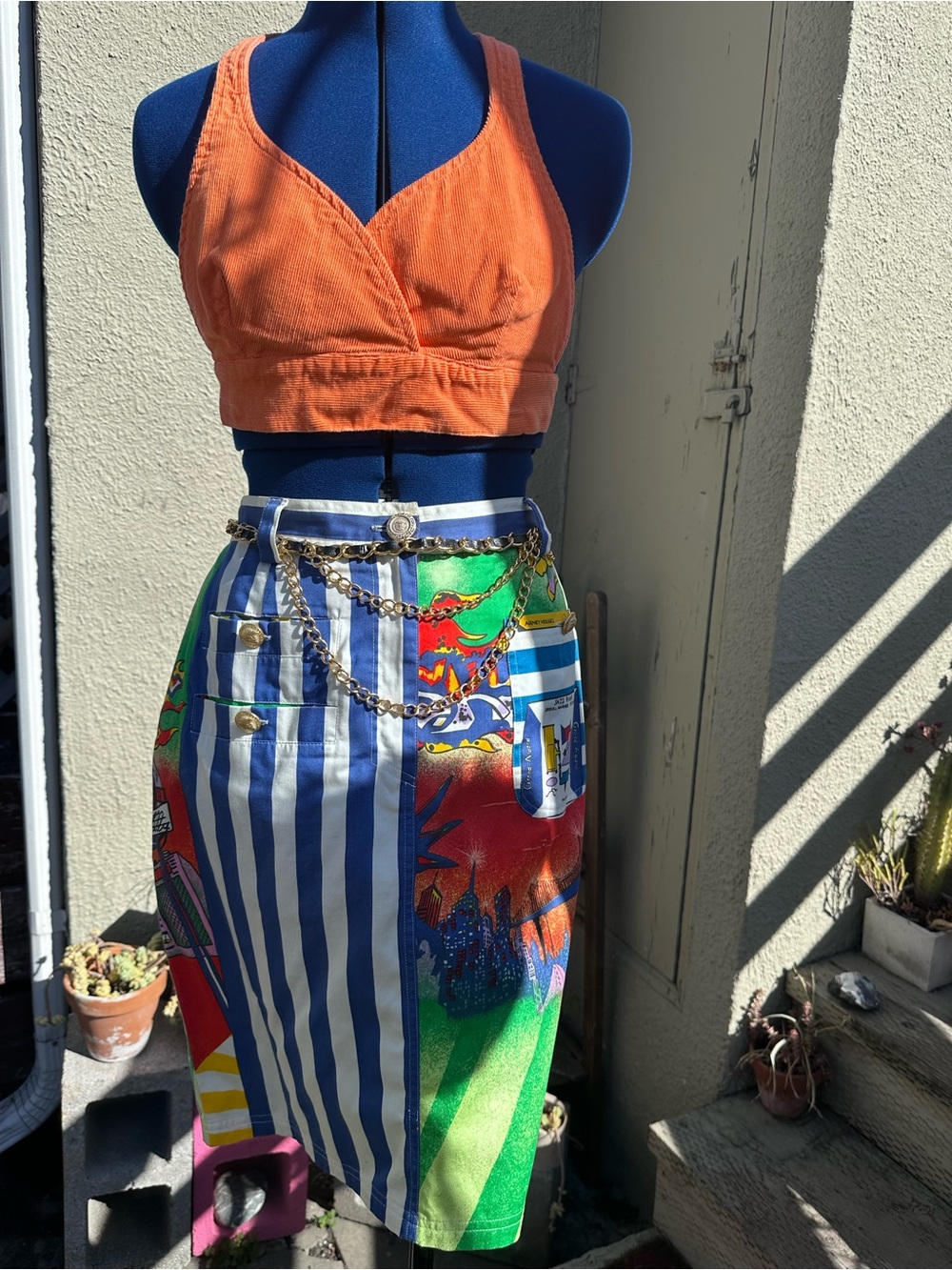 Vintage 1990’s Versace Jeans Couture Skirt With Nyc  Skyline Jazz Graffiti Print